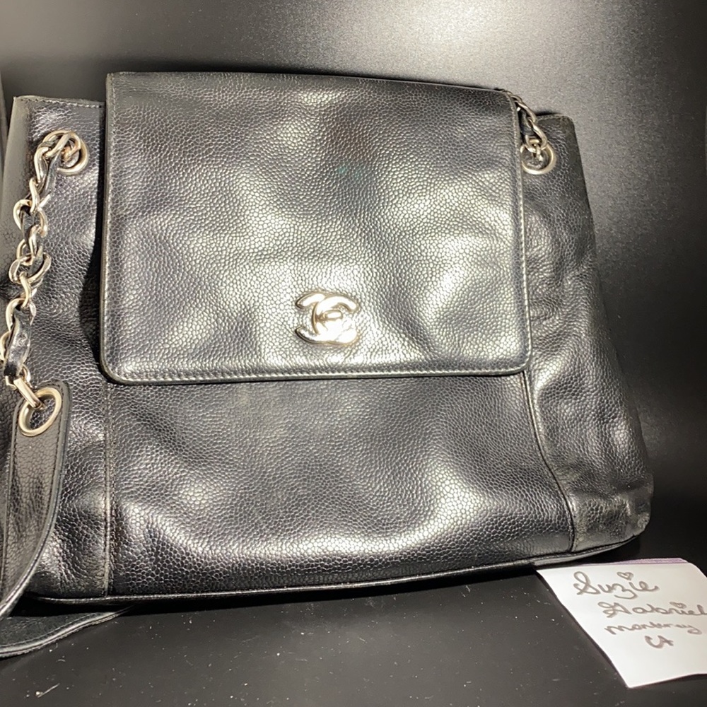 Chanel flap bag tote in caviar leather silver